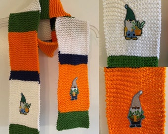 Handknit Green, Orange, White, and Navy Blue Gnome Scarf Handmade in the USA