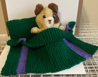 Handknit Green and Purple Doll Blanket and Pillow