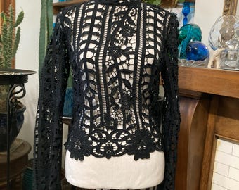 Black Lace Top - GOTH - Size S - Victorian Style Black Lace Blouse