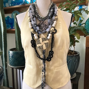 6, Layered Necklaces, Black & Silver, Bib Necklaces, Iris Apfel Style, Curated by Potion