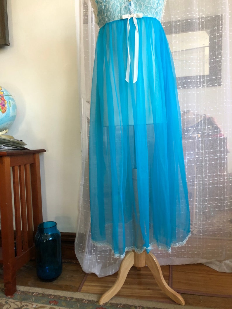 50sLong Blue Nightgown and Robe Size SVintage Belle Smith Sheer Turquoise NightgownPeignoir
