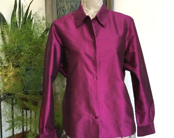 Purple Silk Blouse//Size 16//Size XL//Silk Shantung//Purple Blouse//Jones NY//80s