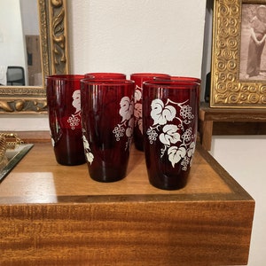 5 / Anchor Hocking Royal Ruby Red Glasses / Grape Vine / 12 oz. Water Tumblers