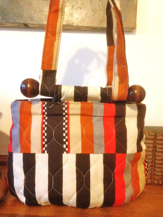 60s// Bag//Handbag// Orange//Brown//Quiltes//Vinta