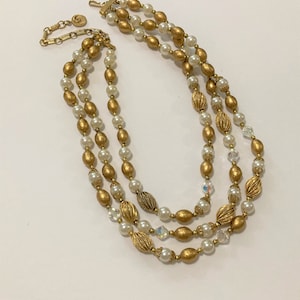 Collana Lisner/Tre fili con cristalli e perline intrecciate/Bianco e oro