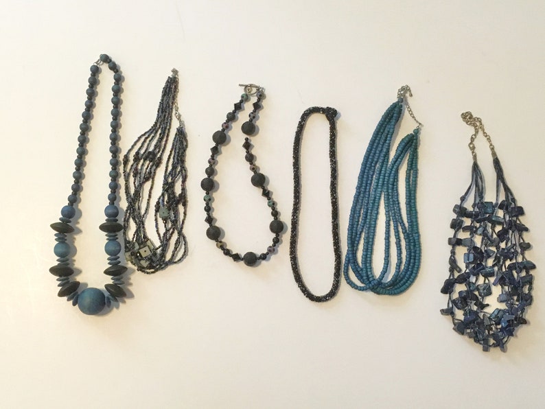 6Necklace Lot Wood necklace Blue Necklace Blue /& Black 80s Boho necklace Tribal Layered necklace