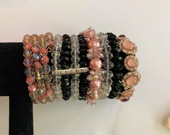 6/Bangle Stack /Crystal Bracelets/ iris apfel, Pink, Black and Clear /Bracelet Lot / LUX