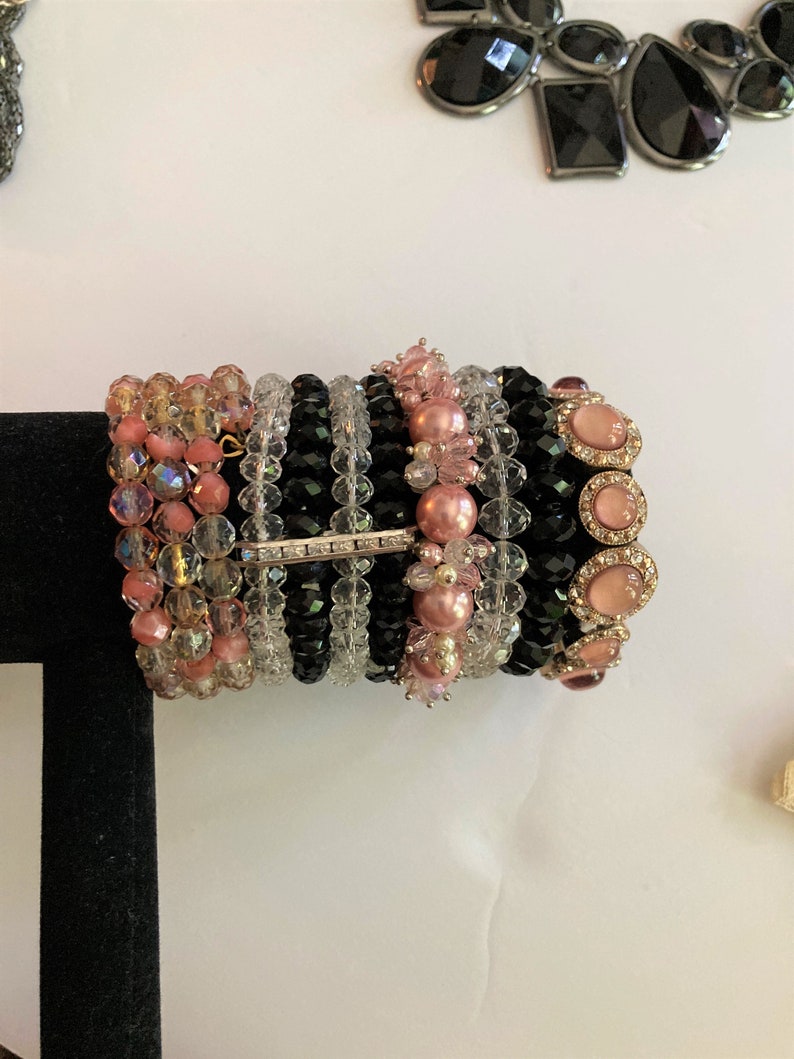 6/Bangle Stack /Crystal Bracelets/ iris apfel, Pink, Black and Clear /Bracelet Lot / LUX image 1