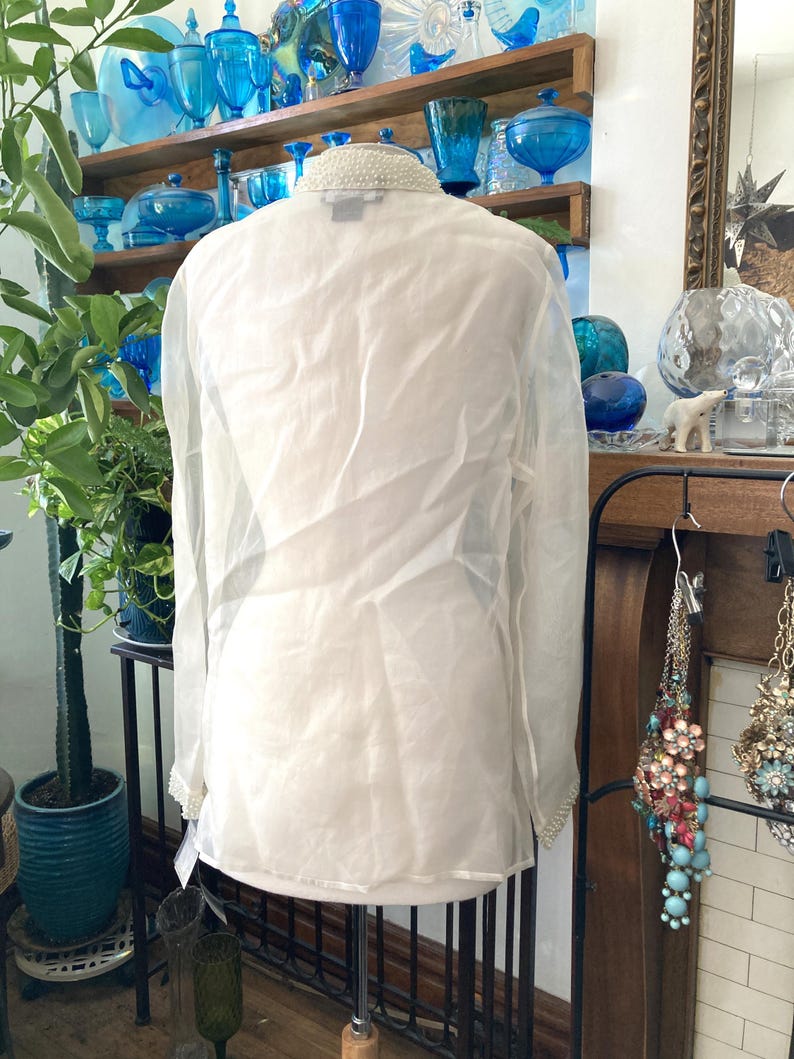 May include: A sheer white blouse with long sleeves and a beaded collar and cuffs. The blouse is displayed on a mannequin. The background includes a shelf with blue glass objects and decorative items.
