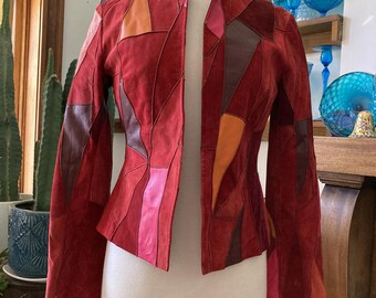 Red Suede Jacket, Size 6, PATCHWORK, Leather Cardigan, Suede Jacket