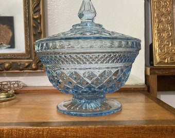 Blue Glass Candy Dish/ Anchor Hocking Sapphire Ice Blue Glass /Wexford /Pedestal Candy Dish