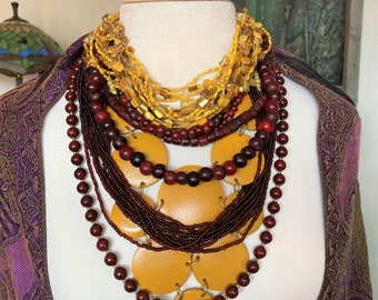 5/Stacked Necklaces/Gold & Cranberry /Boho Necklace/ Layered Necklaces/ Iris Apfel / Neck Mess /Curated by Potion /Statement necklace