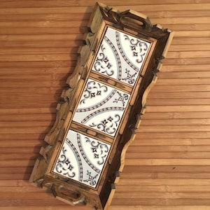 Vintage Mexican Tile Tray // carved Wood Tray from Mexico