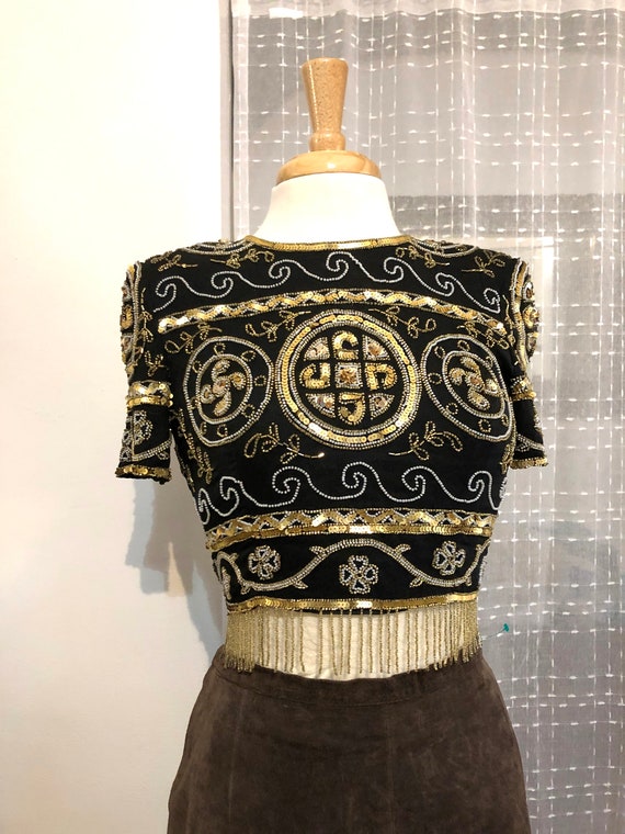 Beaded Blouse//Size 2//80s Beaded Top//Silk Beaded
