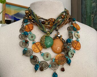 4/Layered Necklaces/Blue, Gold, Topaz /Stacked Necklaces/Boho Necklace/ Iris Apfel / Neck Mess /Curated by Potion