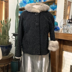 Persian Lamb Fur Coat: Mink Collar & Cuffs - Size XL