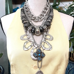 6 - Necklace Stack - Silver & Black necklaces - Bib Necklaces - maximalist jewelry - Styled by Potion