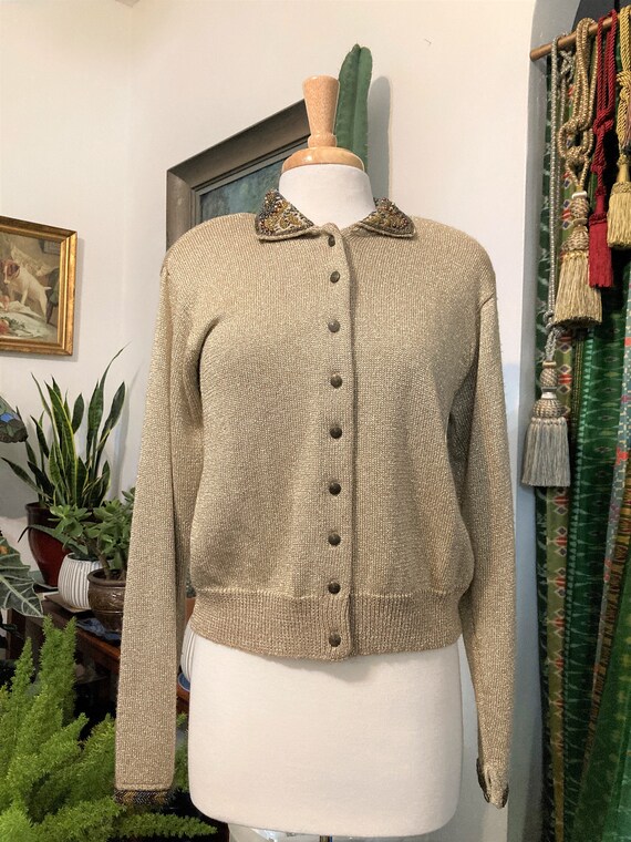Gold Cardigan / Beaded Collar/ Size M 