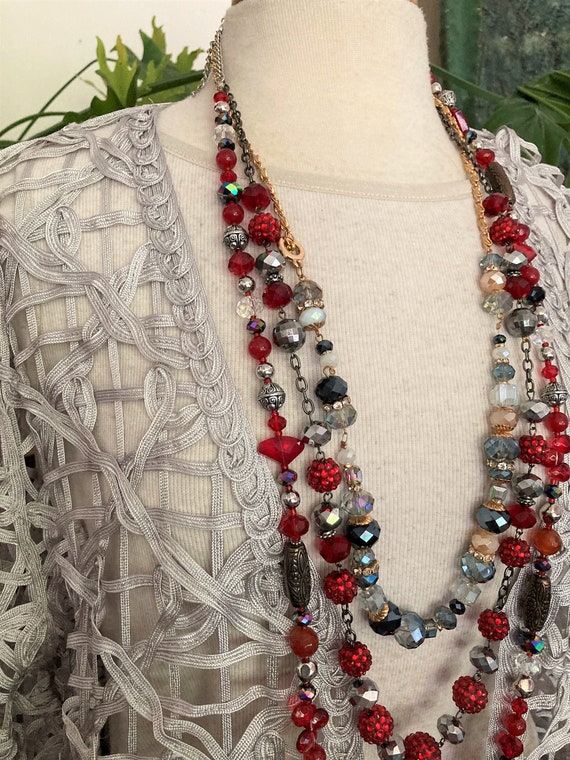 3/Layered Necklaces/Crystal Necklace/ Silver & Re… - image 2