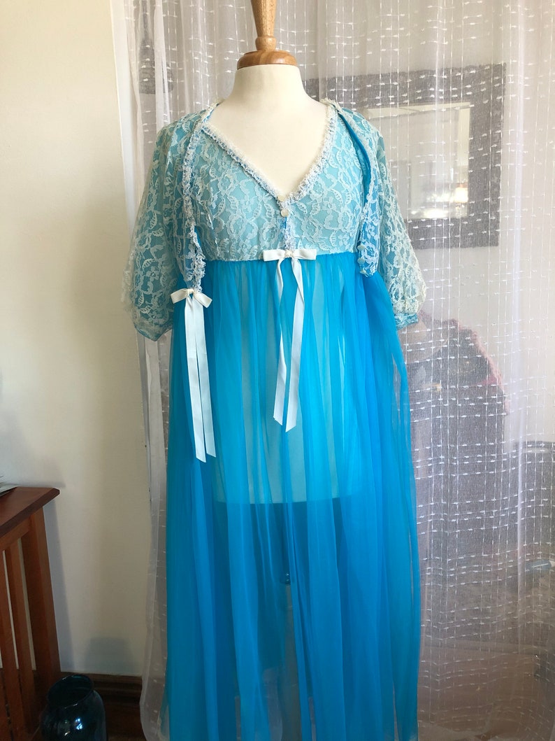 50sLong Blue Nightgown and Robe Size SVintage Belle Smith Sheer Turquoise NightgownPeignoir
