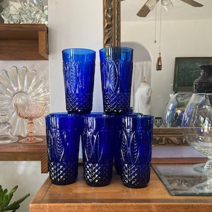8/Cobalt Blue Glass Tumblers /6&quot; /Palm Tree, Leaves, Diamonds Arcoroc France / Royal Sapphire