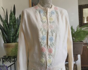 50s Beaded Cardigan Sweater Size XL // Vintage Beaded Cardigan