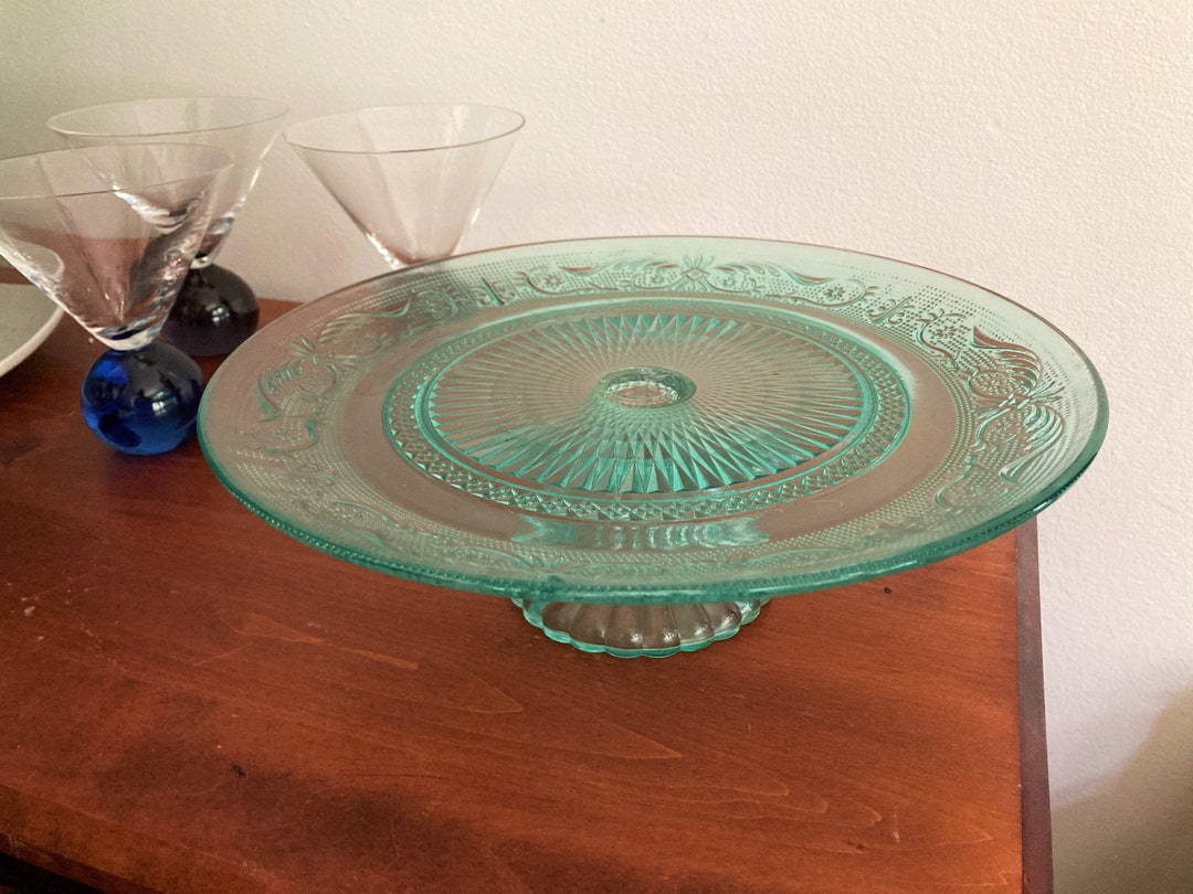 Green Glass Cake Stand/ 30s/ Vintage Glass Cake Stand/ Etsy