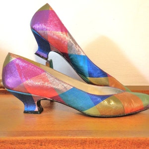 Vintage Pumps - Größe 7 Schmale - Französische Absätze - Seidenschuhe- SEIDE ORGANZA- 80er Schuhe - Größe 7N- Karierte Schuhe