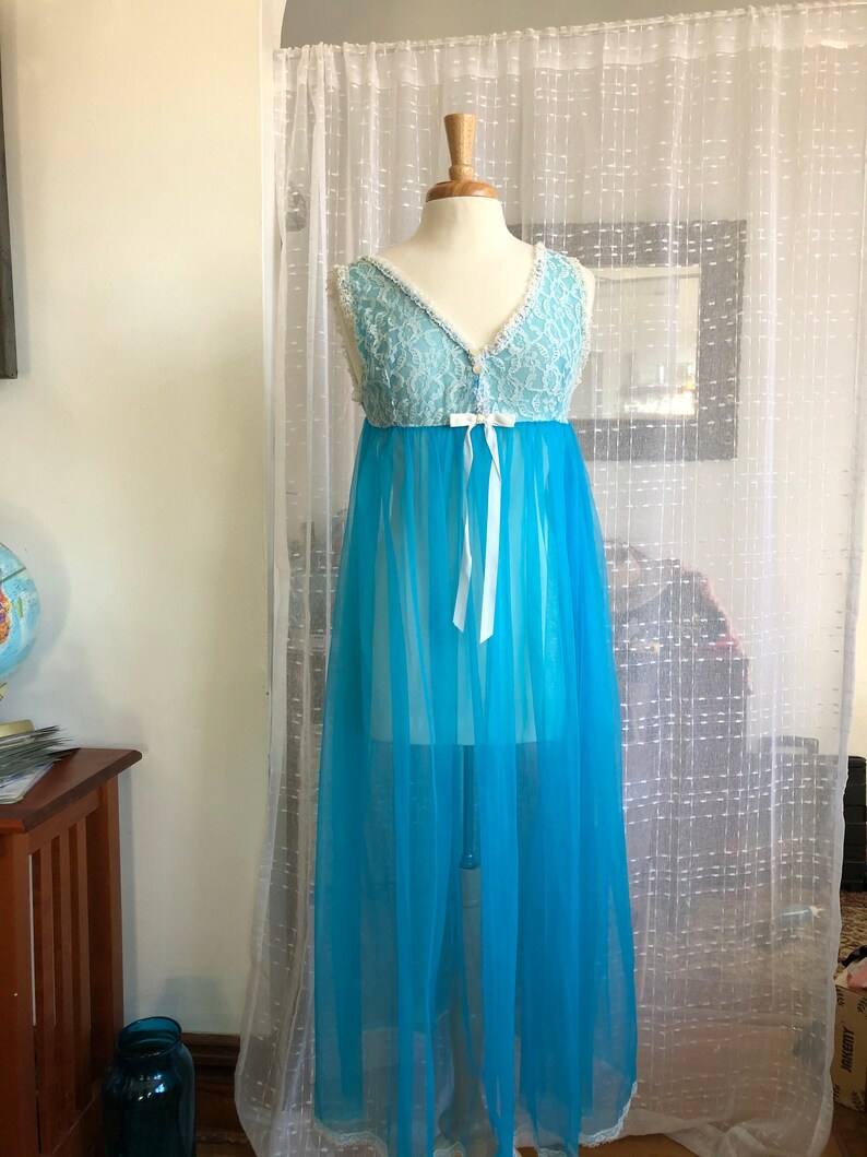 50sLong Blue Nightgown and Robe Size SVintage Belle Smith Sheer Turquoise NightgownPeignoir