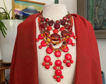 5/Layered Necklaces/Red, Orange, Pumpkin color Necklaces / /Boho Necklace/ Iris Apfel / Neck Mess /Curated by Potion