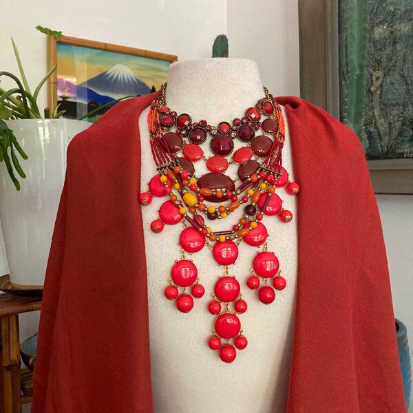 5/Layered Necklaces/Red, Orange, Pumpkin color Necklaces / /Boho Necklace/ Iris Apfel / Neck Mess /Curated by Potion