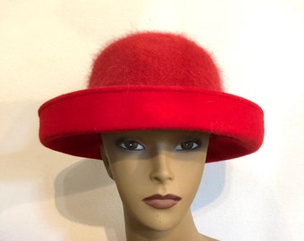 80s hat, Red Wool Hat, Size L, Angora Fur Hat,