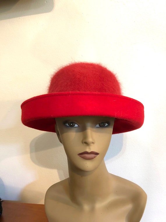 80s hat, Red Wool Hat, Size L, Angora Fur Hat,