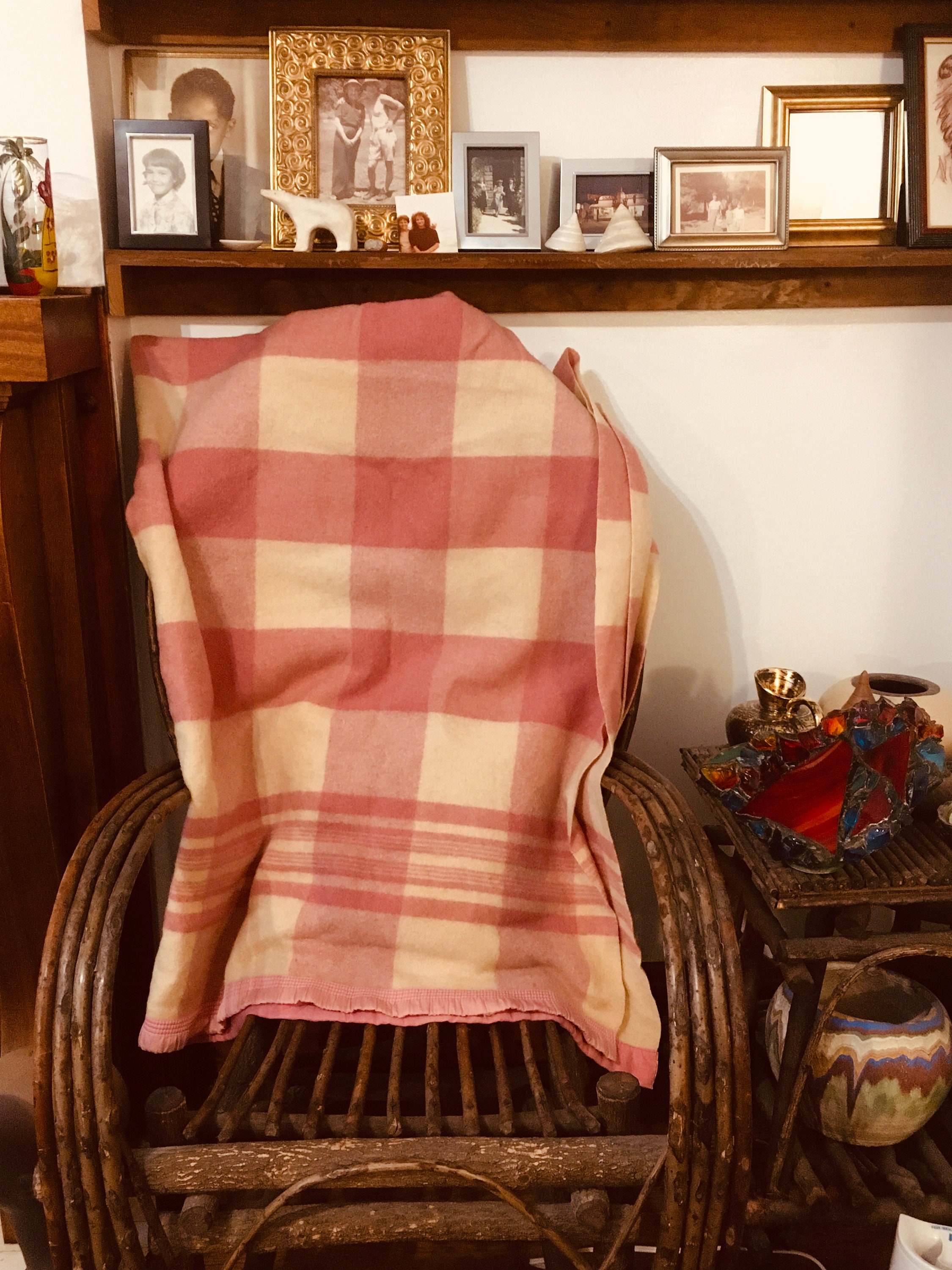 ヴィンテージ ウール ブランケット、50 年代ピンク チェック柄