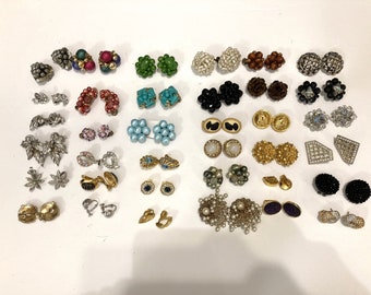 36pc, Cluster Earring Lot, Crystals, Vintage Earrings Lot, Clip on Earrings, 50s Button earrings,