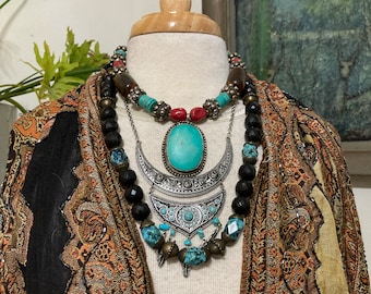 3, Vintage Tibetan Necklaces, Layered Necklaces, Turquoise, black and Red Necklaces,  Curated by Potion