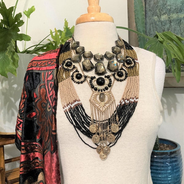 4, Layered Necklaces /Gold & Black Necklaces/ Boho Necklace/Iris Apfel /Curated by Potion/ Neck Mess