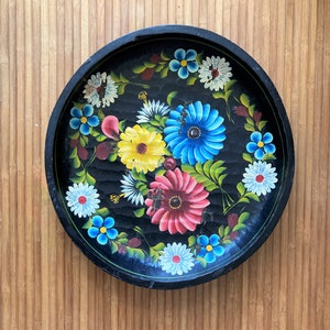 20&quot; Large Painted Wooden Mexican Bowl /Mexican Folk Art / Carved & painted Bowl/ Black with Flowers