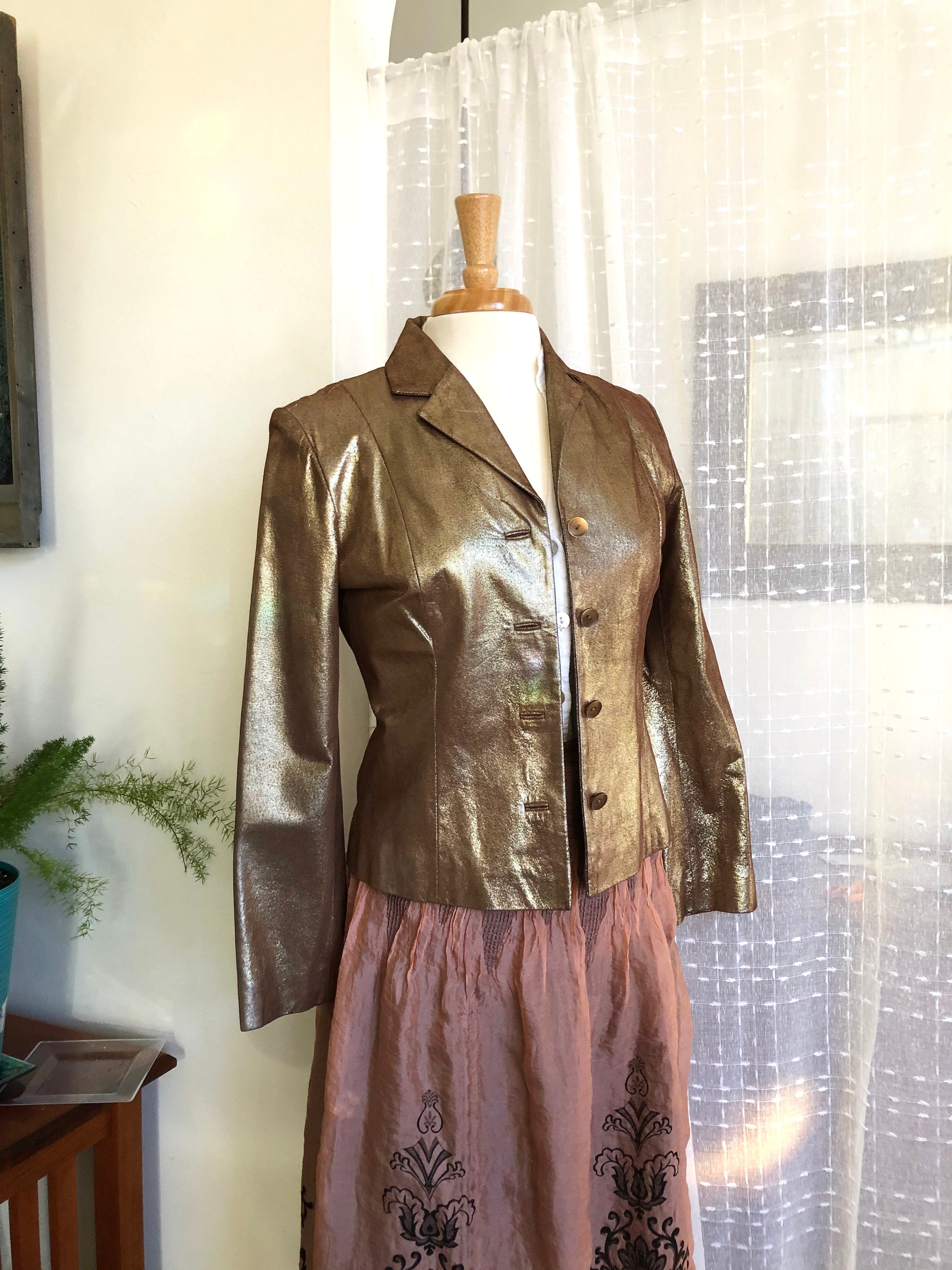 Gold leather jacket Etsy Mexico