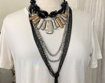 4/Boho Necklace/ Black & Silver Necklace/ Layered Necklaces/ Formal Goth/Neo Bohemian / Iris Apfel style