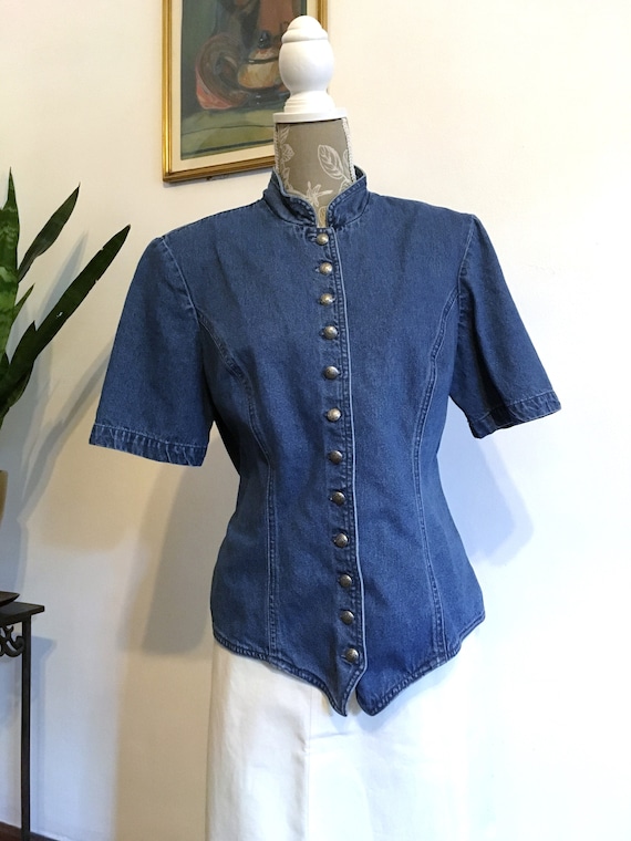 Denim Blouse//Size 12//Fitted Blouse//80s Jean Blo