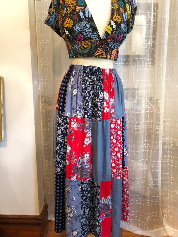 Vintage Patchwork Maxi Skirt: Size L 70s-rayon Skirt-size 12