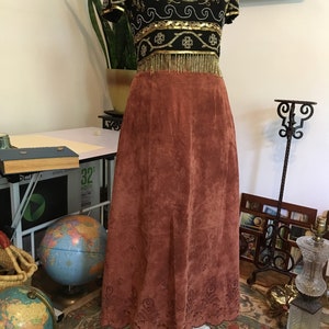 Suede Skirt//Size 10// Size 10P// Coldwater Creek //Brown suede skirt//Embroidered Skirt//Long suede skirt image 4