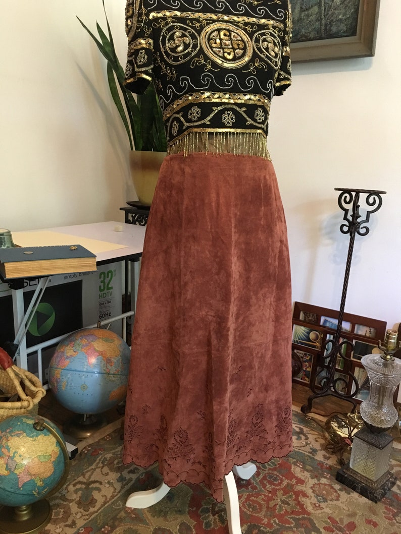 Suede Skirt//Size 10// Size 10P// Coldwater Creek //Brown suede skirt//Embroidered Skirt//Long suede skirt image 4