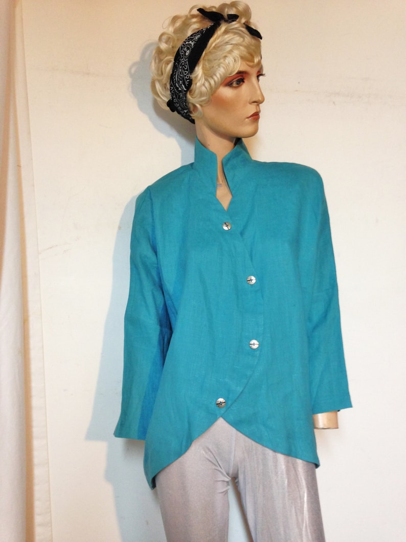 Linen Jacketsize14 Turquoise jacketAvant Garde80s Boho Jacket Itemz Chris BaumgartnerArtisanal Clothing
