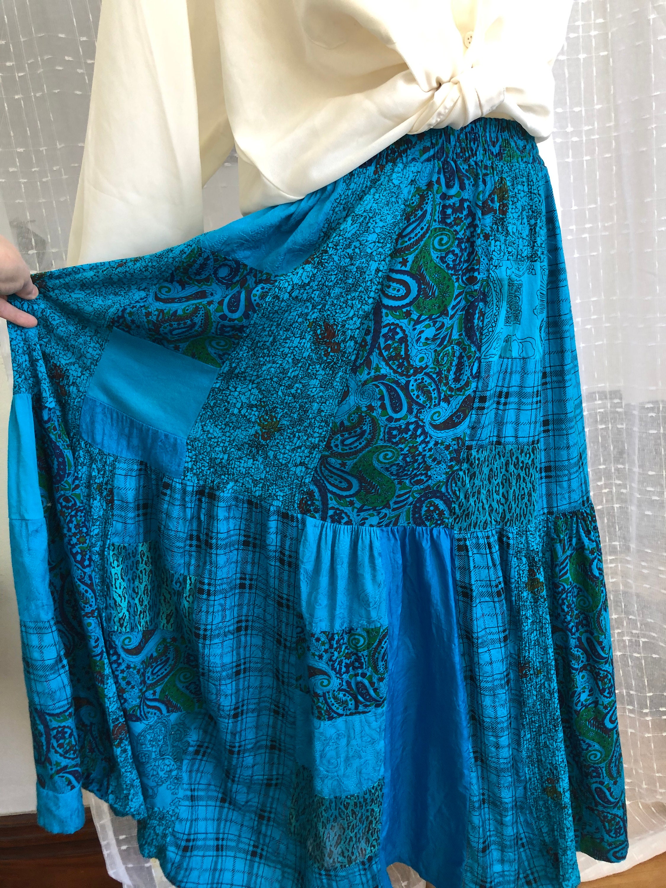 Patchwork Skirt//Long Turquoise Skirt//Size 12//Rayon & Etsy