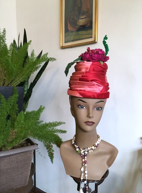 Pink Hat/60s Turban Hat/ Tall Pink Hat / Handmade 