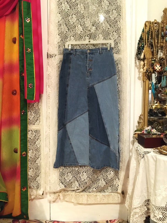 80s//Skirt//Patchwork //Denim Skirt// Size 10//Hig
