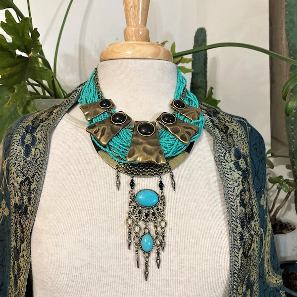 3/Layered Necklaces/Turquoise, Gold, Black Necklaces/Boho Necklace/ Iris Apfel / Neck Mess /Curated by Potion