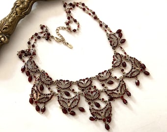 Red Rhinestones Bib Necklace/ MONET/ ROMANTIC Necklace/ Gold and Red